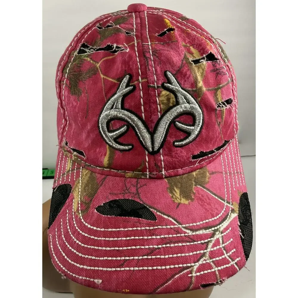 Realtree Hat Cap Pink Camo Distressed Cutouts Black Lace Silver Embroidered Logo